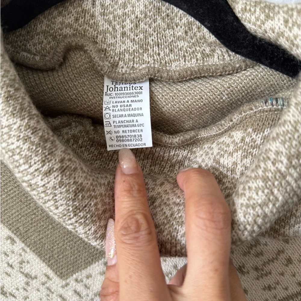 Boho Geometric Knit Poncho Sweater | Button Cowl Neck | Neutral Tan - Picture 6 of 11